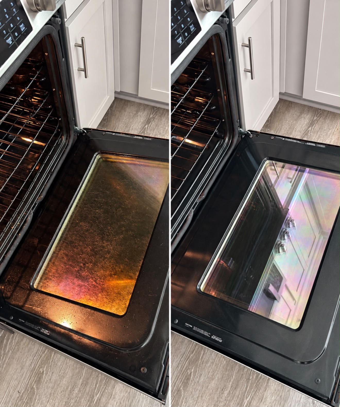 Before and after detail of an oven cleaned during a deep cleaning service